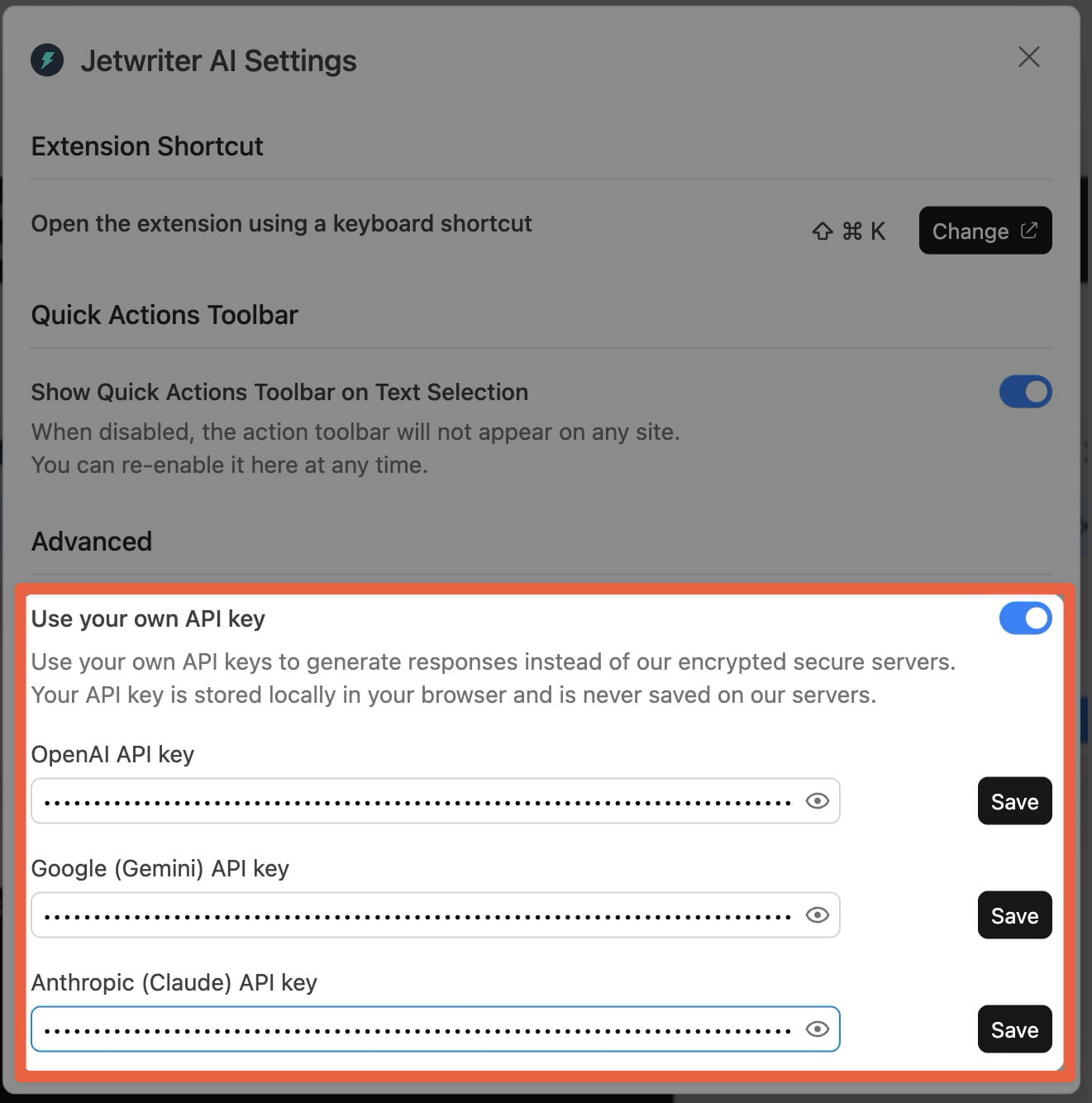 Jetwriter AI extension settings showing API key fields for OpenAI, Google Gemini, and Anthropic Claude